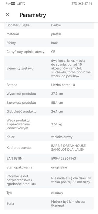 Samolot barbie dream house