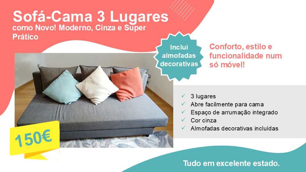 Sofá-Cama 3 Lugares Cinza com Almofadas