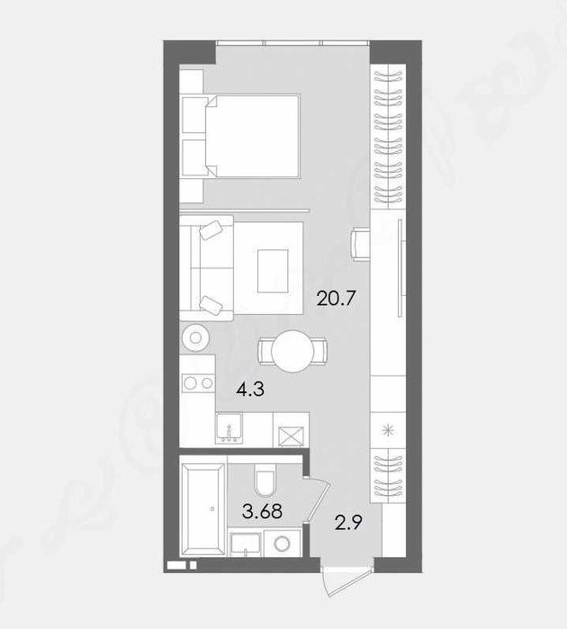 1-кімнатна квартира 31,58 м² з кухнею-вітальнею у зданому будинку.