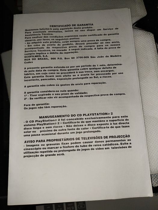 Folheto certificado garantia ps2