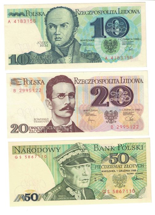Zestaw 7 banknotów PRL z lat 80 – tych