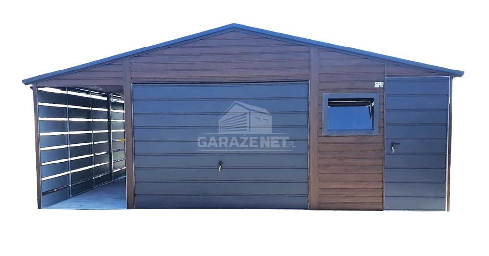 GARAŻ BLASZANY 5X6 + Wiata 1,5X6 Brama Uchylna Okno Drzwi Rynny GB428