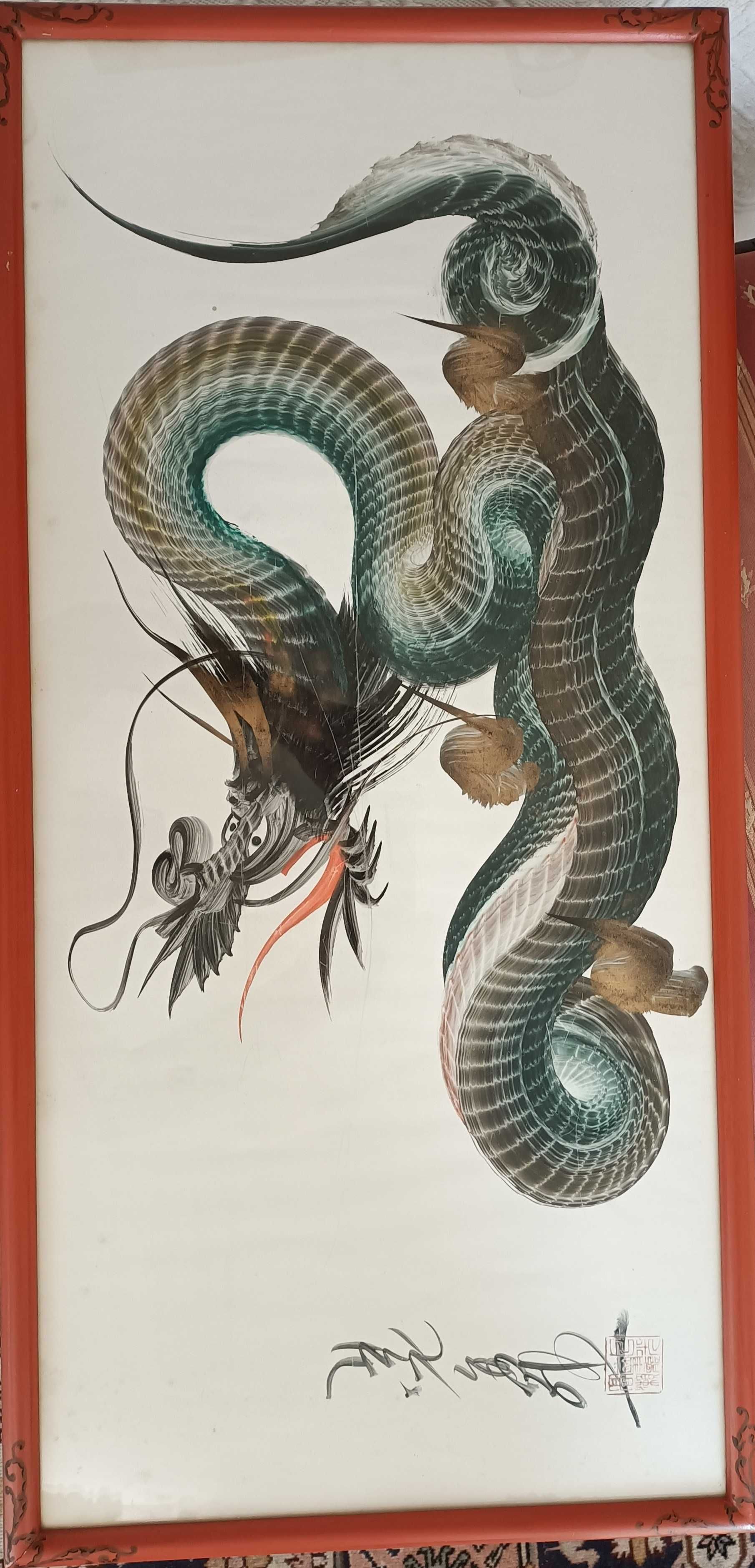 Vintage Quadro com Desenho Aguarela Dragao Japonês Assinado