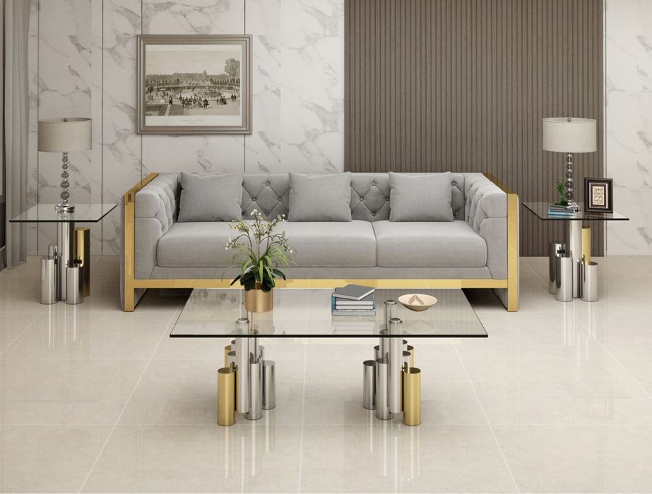 Nowooczesna ława stolik kawowy zloty srebrny glamour 130 z szybą