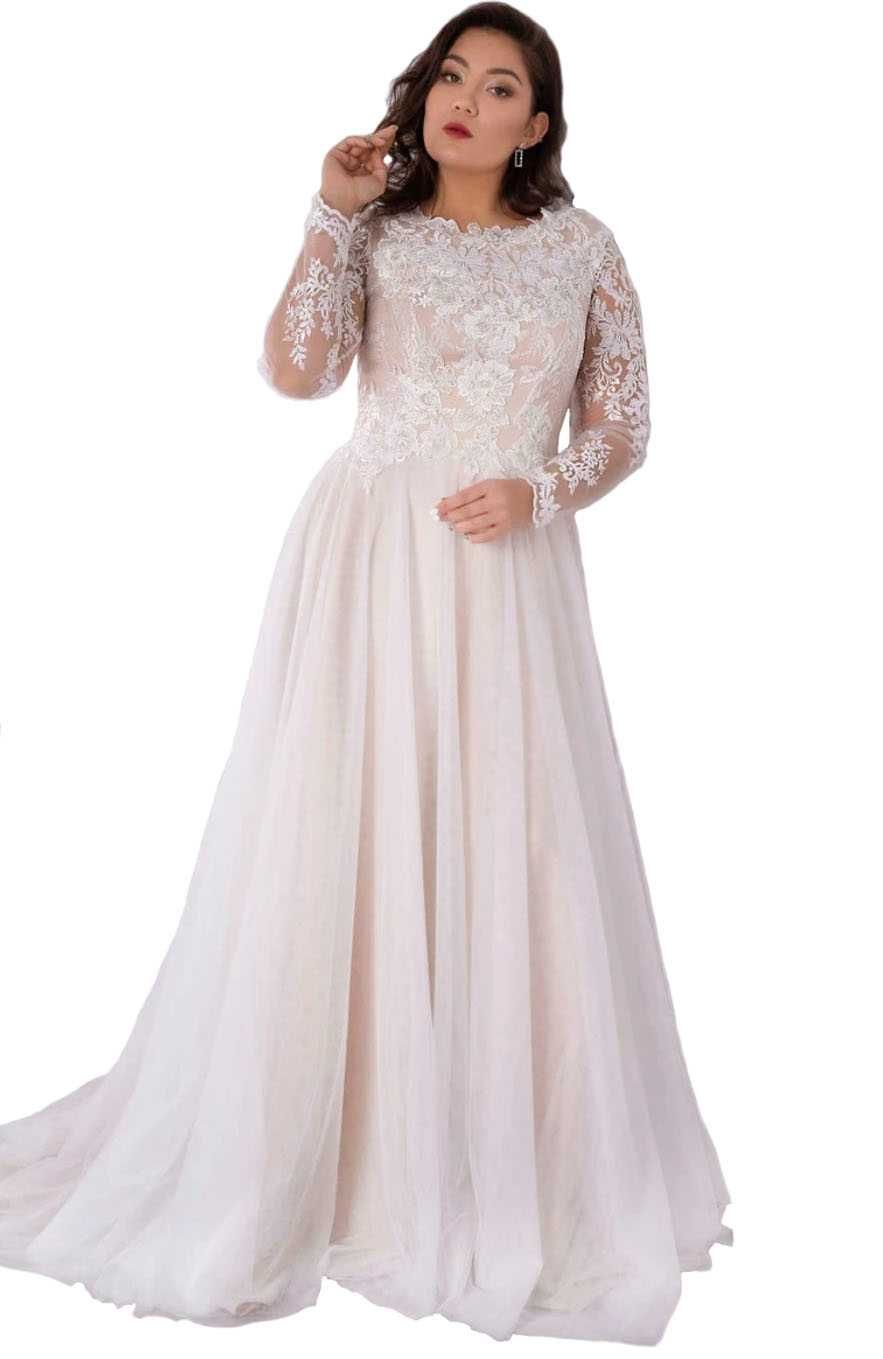 Suknia ślubna ivory-nude linia-A rękawy 46, 50