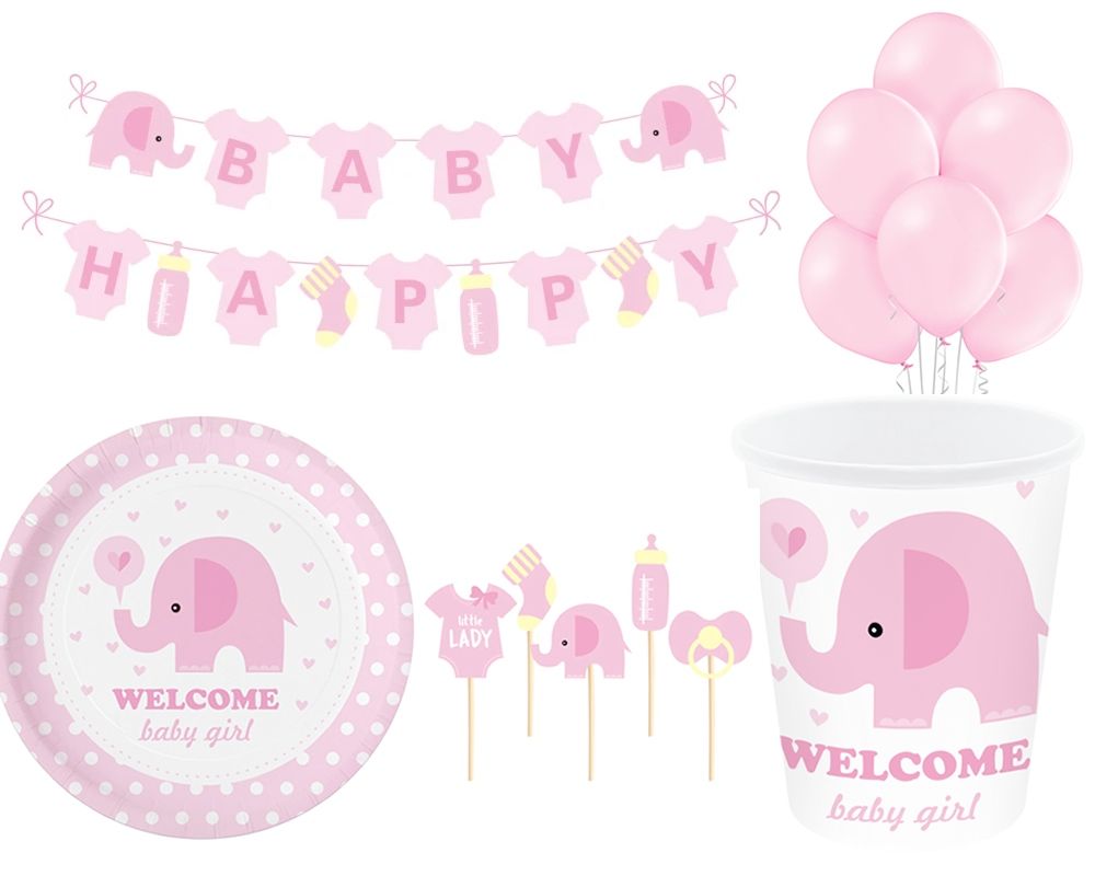 zestaw baby shower słonik kubki talerzyki balony
