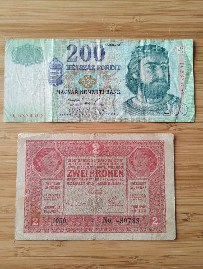 Banknoty, Węgry 200 forint 1998, Austro-Węgry 2 korony 1917