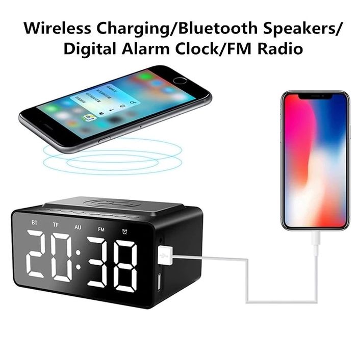 Carregador sem fios, despertador bluetooth, cartão do tf, rádio FM