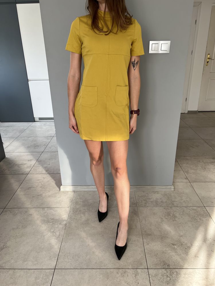 Sukienka musztardowa 38 M midi elegancka kieszenie Le Streghe