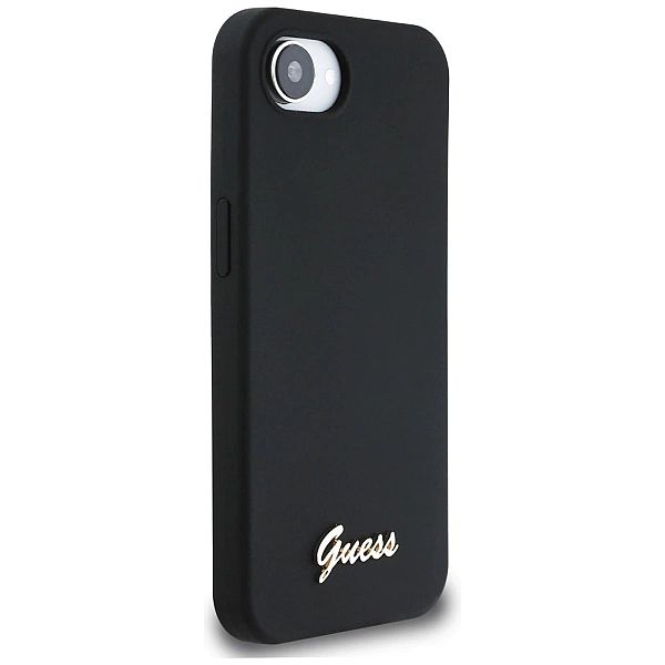 Etui Guess Silicone Script Metal Logo MagSafe na iPhone 16e - czarne