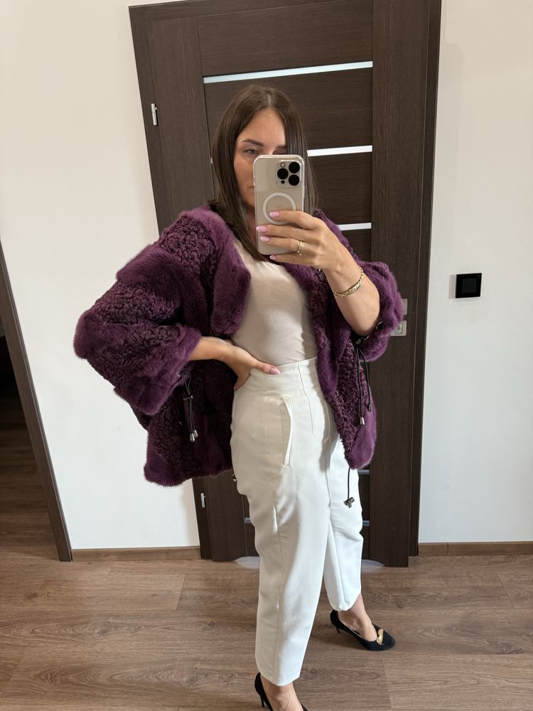 Futro naturalne z norek i karakułów, Nowe L XL Fiolet!
