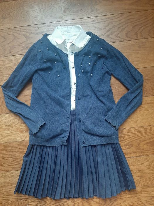 Zestaw 128 dla dziewczynki szkoła galowy spódniczka koszula sweter