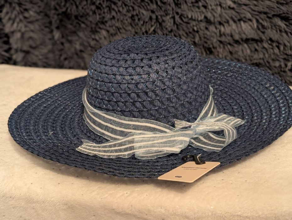 Nowy kapelusz słomkowy granatowy z niebieską kokardą Eloy