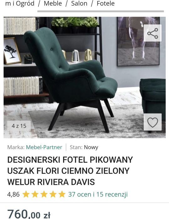 Fotel NOWY uszak zielony welurowy