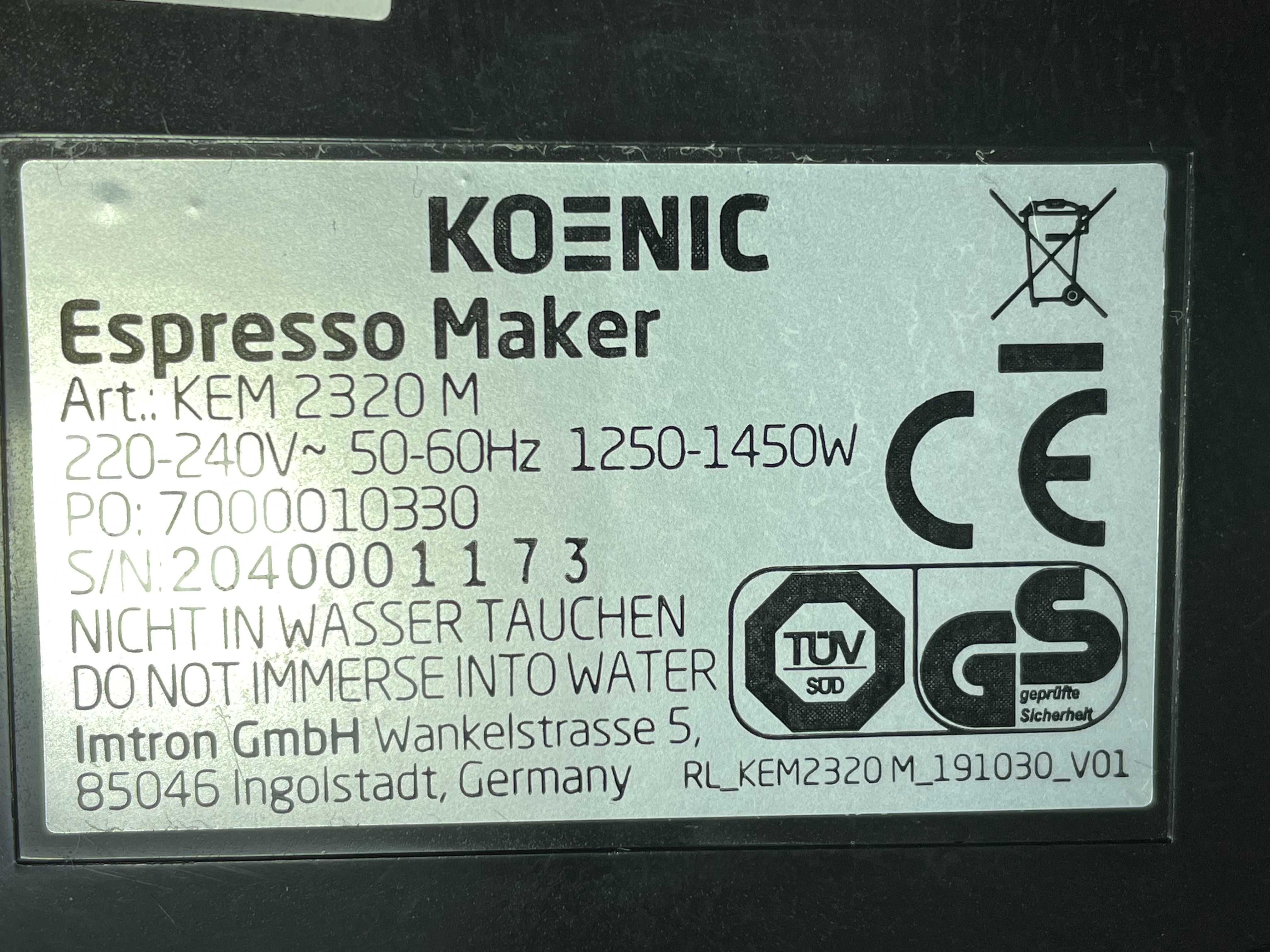 Кофеварка KOENIC Espresso Maker, KEM 2320 M, GERMANY, 1450 W
