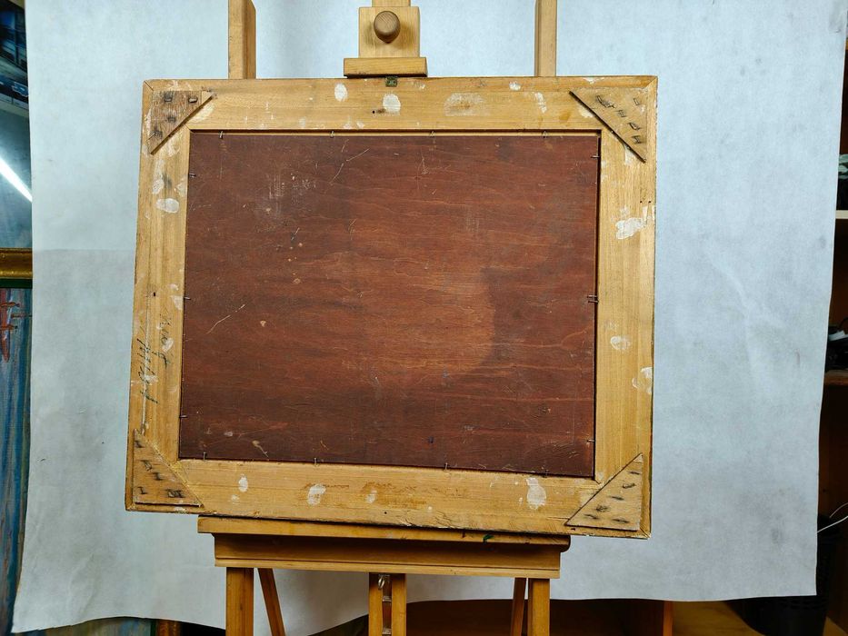 Obraz olejny pejzaż z jeziorem i chmurami Wieczorek olej na dykcie