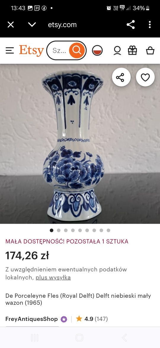 Porcelana Fles (Royal Delft) Delft niebieski mały wazon (1965)Holandia