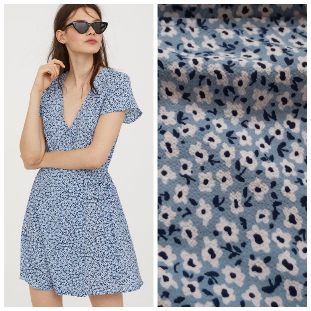 H&M L-XL śliczna niebieska krótka sukienka mini w kwiaty kwiatuszki