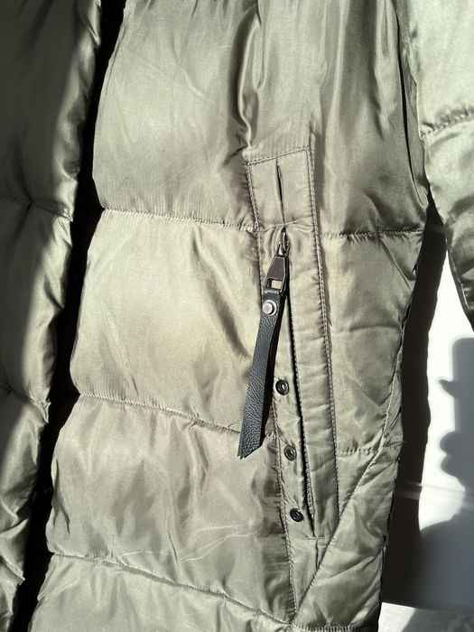 Пуховик з коміром кролячої шерсті зелений класика з капюшоном