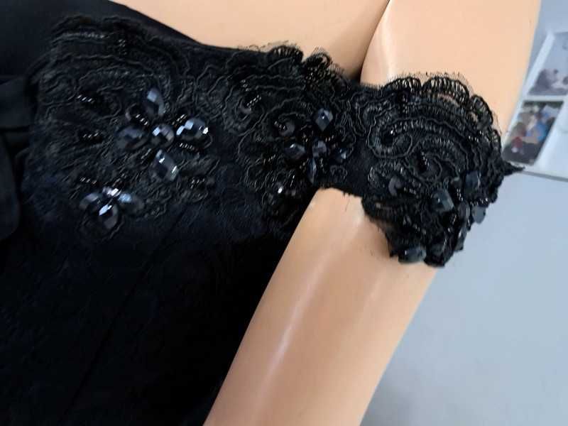 Czarna Suknia Maxi Gorsetowa Haft Sznurowana Wieczorowa Gotycka Gothic