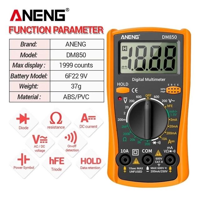 Мультиметр Aneng DM850 вимірювання: V, A, R
