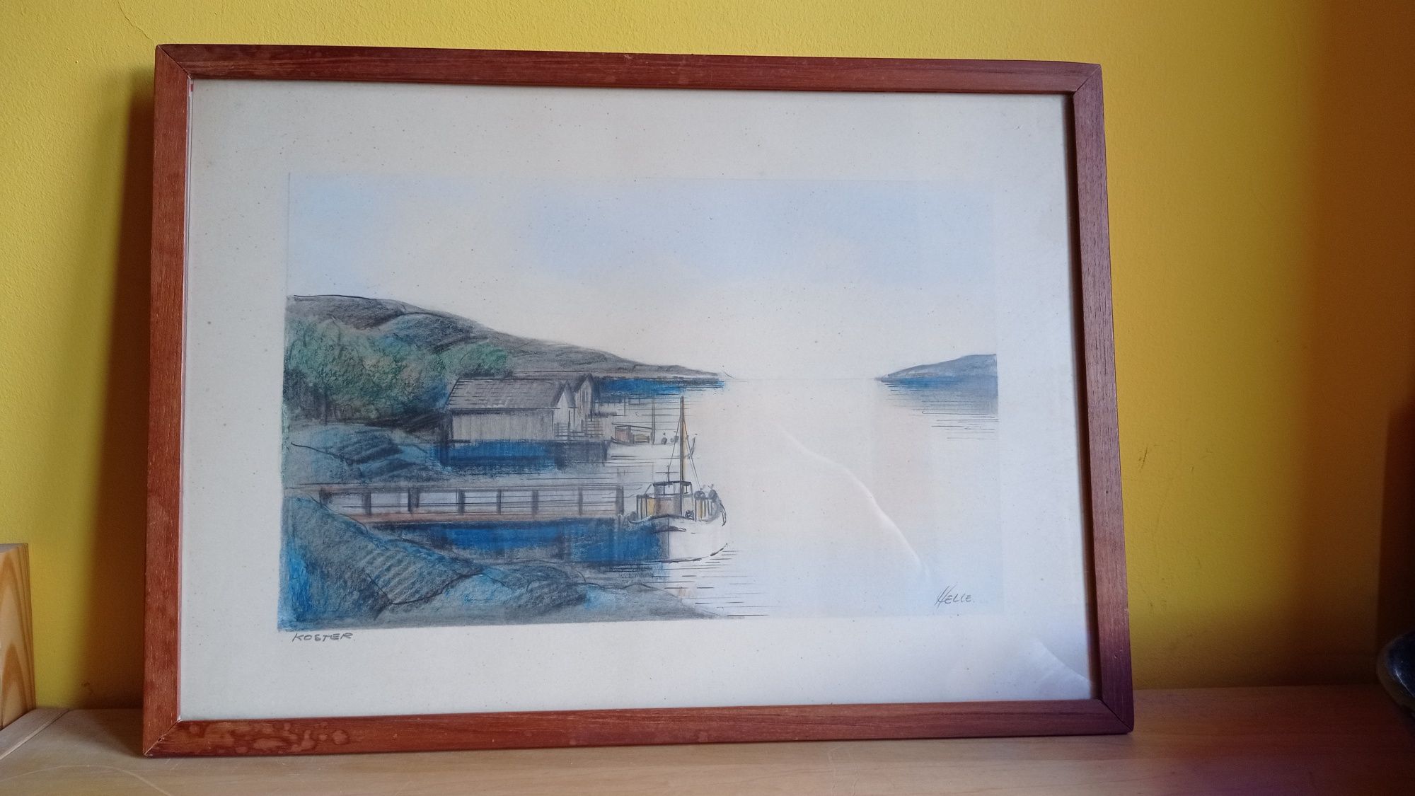 Obraz Grafika Gwasz Kredka Orginał port łódka morze sygnowany Norway