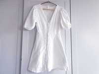 Biała haftowana sukienka z bufiastym rękawem bawełna H&M 34 XS