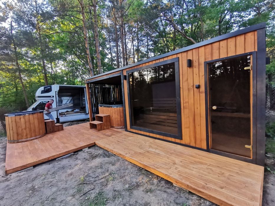 Sauna Ogrodowa Premium z tarasem,wiatą  6,5x2m Piec Sterownik Hit