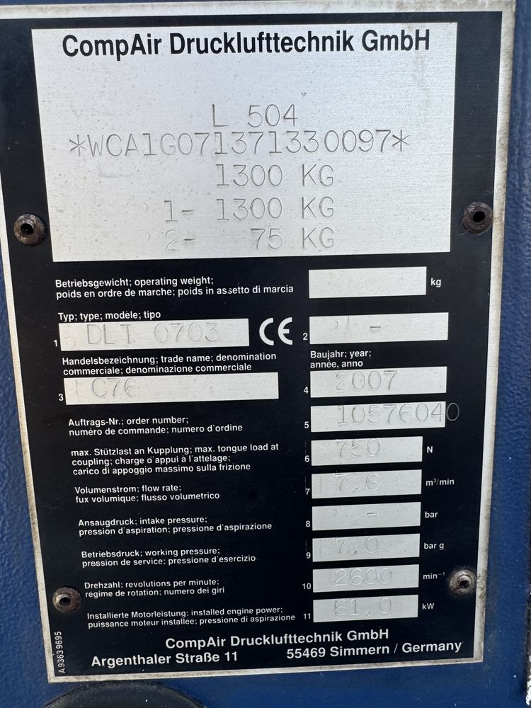 Kompresor śrubowy spalinowy Compair c76 2007r. 1350mth