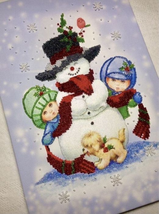 Картина «Зимові забави» вишивка на полотні декор хендмейд