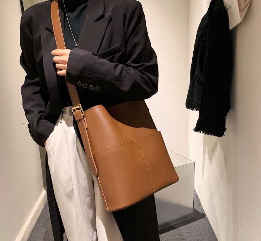 Torebka Damska Torba na Ramię Brązowa Pojemna Shopper A4 Eko Skóra