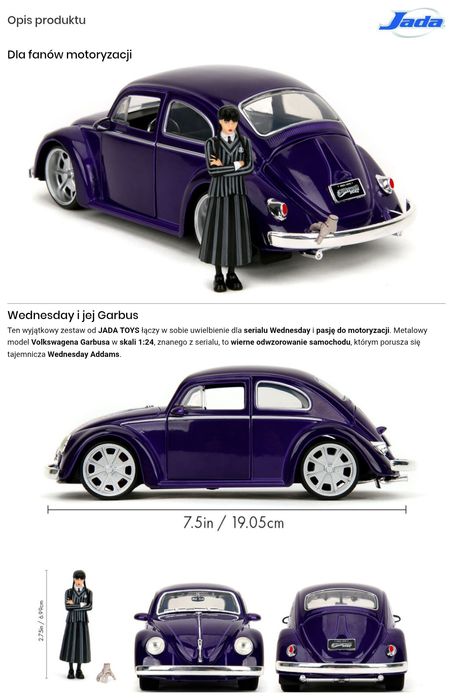 JADA Figurka Wednesday Addams i Rączka + Auto Volkswagen Beetle 1:24