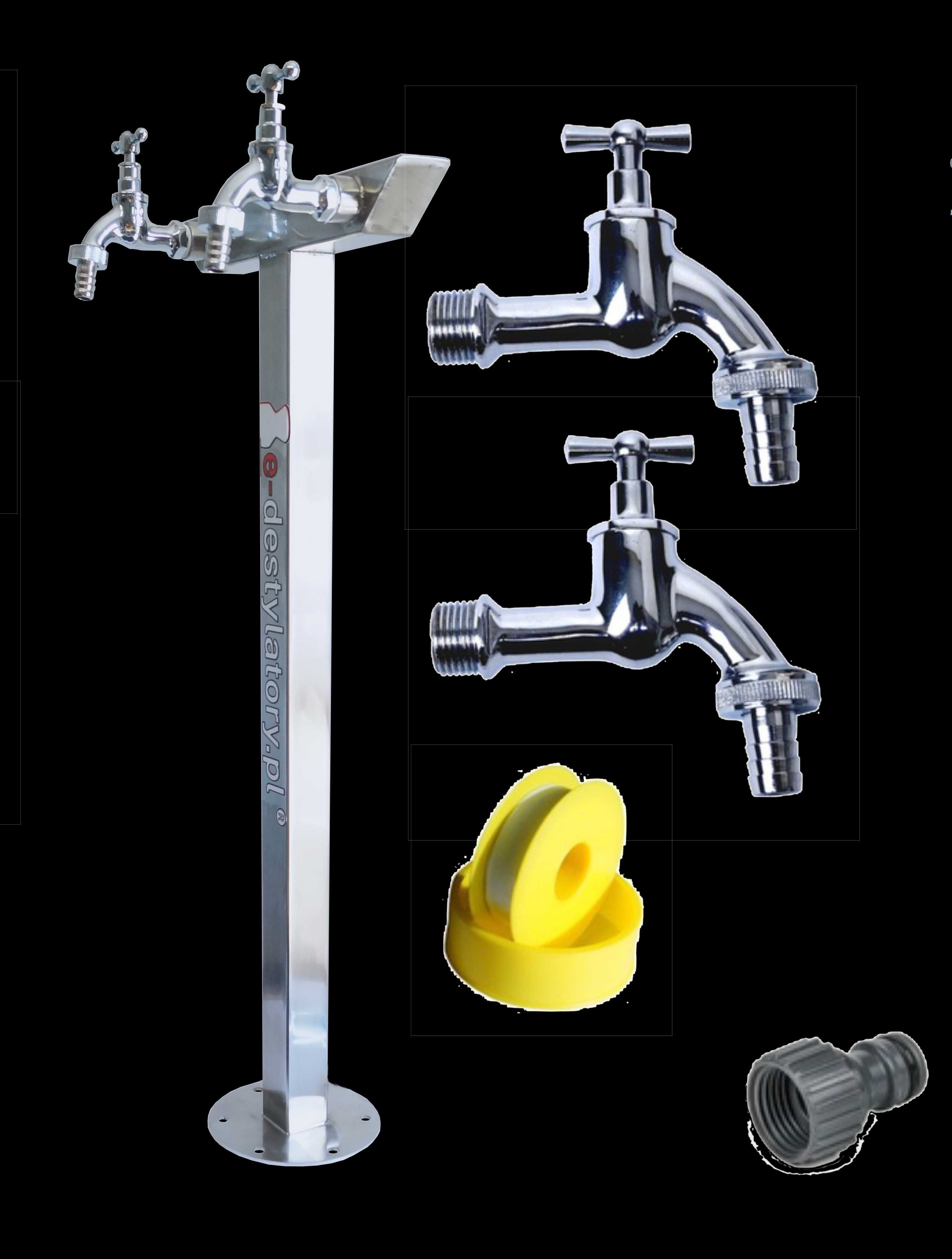 Hydrant Ogrodowy 70cm dwa krany INOX „Kwadrat skośny” dolny dopływ