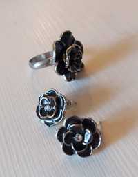Zestaw kolczyki + pierścionek czarne kwiaty