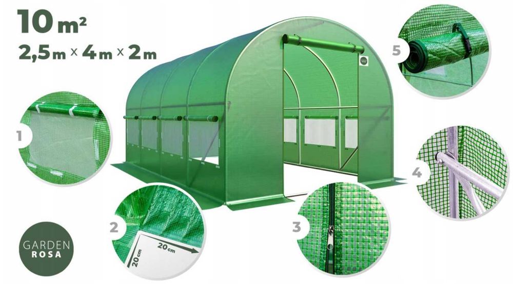 Теплиця з металевим каркасом 10м2 (4 x 2,5 х 2 м) Польща
