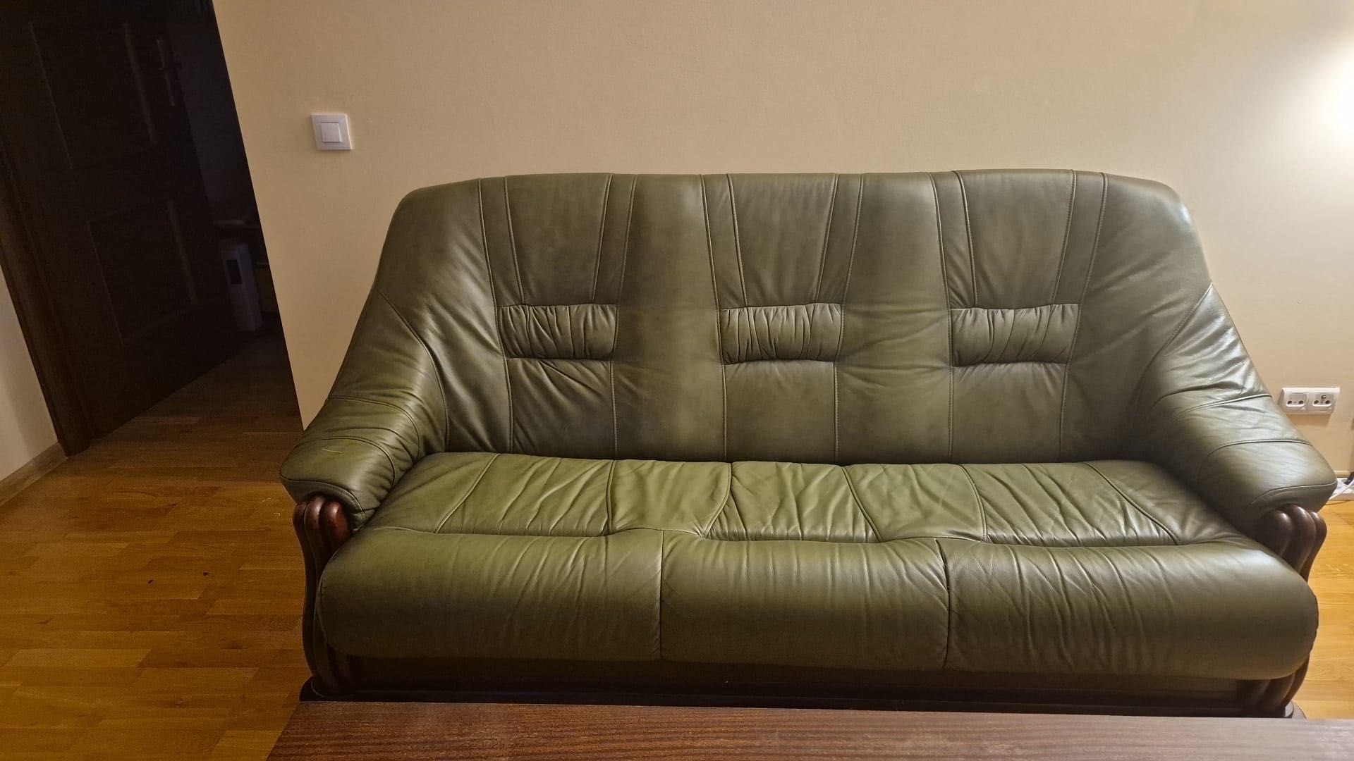 Sofa skóra naturalna drewno mahoń z funkcją spania