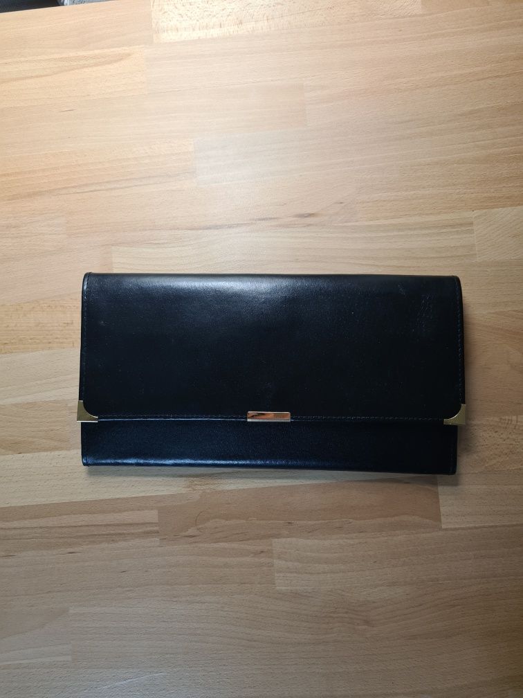 Skórzany vintage portfel podróżny czarny przegródki retro prl kopertó