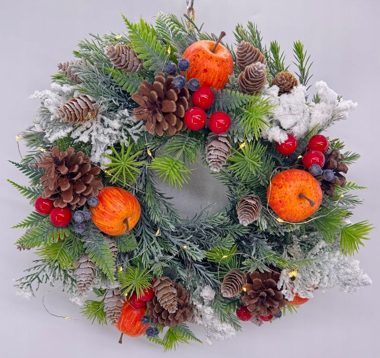 Wianek świąteczny bożonarodzeniowy LED 35 cm zimowy ręcznie robiony