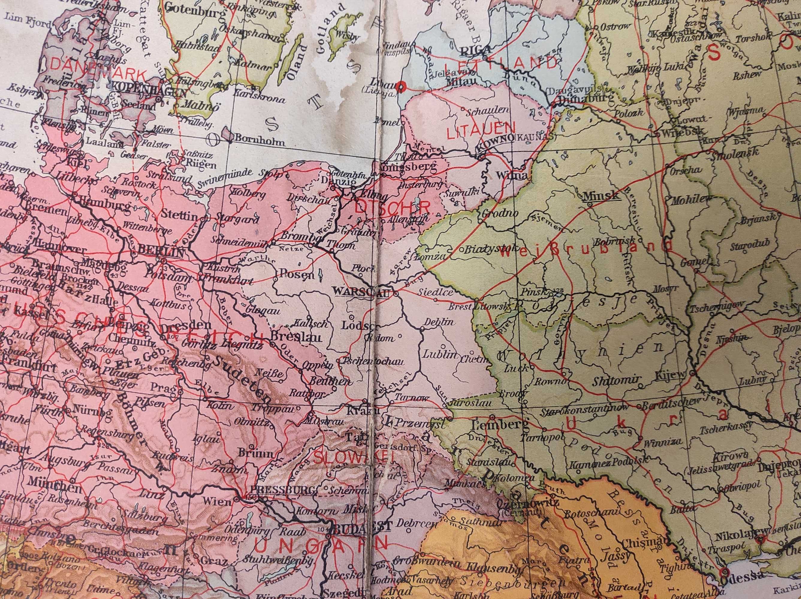 Stara mapa Geo polityczna Europy z czasów 2 Wojny Światowej