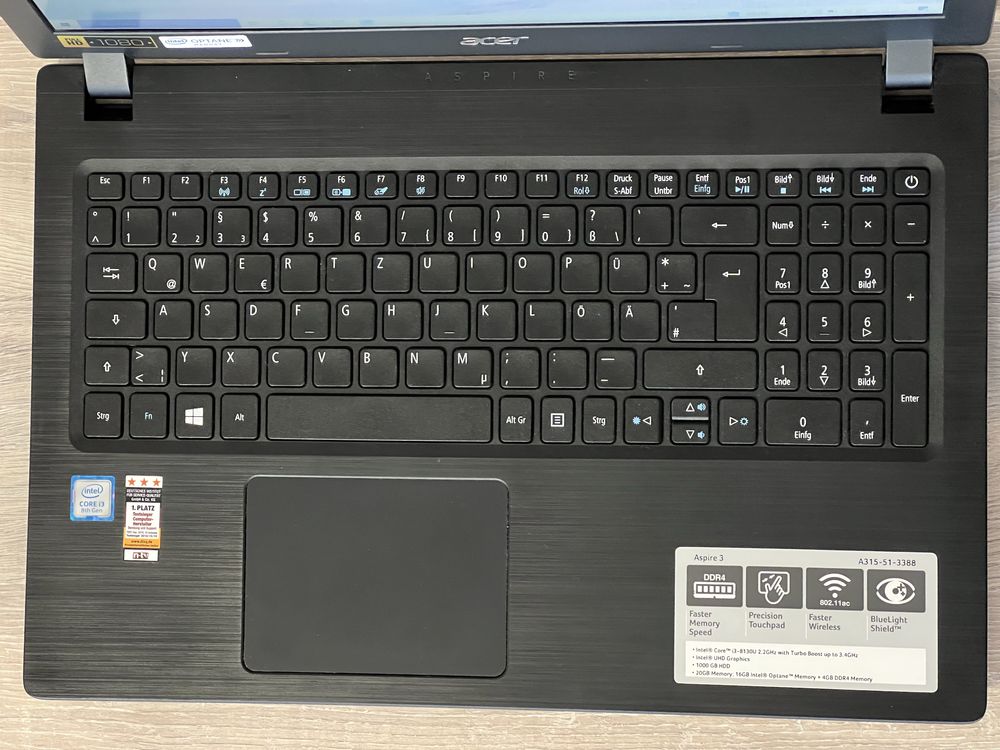 Laptop Acer A315-51_3388 i3-8130U - dysk 1TB  memory 16+4 GB win 10/11