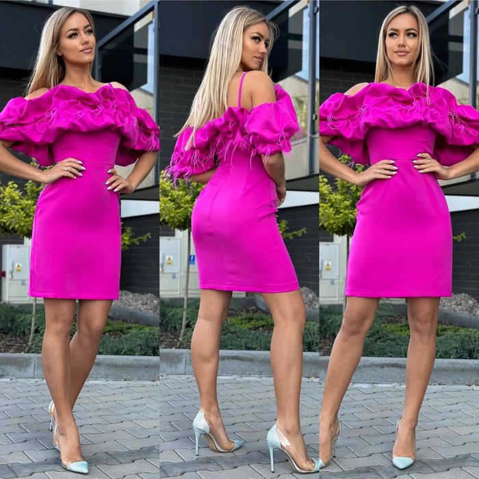 Sukienka marina 34,36 piórka pióra różowa fuksja wieczorowa nowa