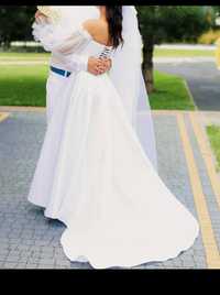 Весільна біла сукня королівський атлас зі шлейфом, відстібним рукавом