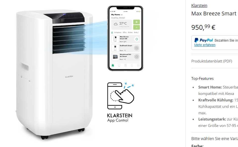 Мобильный кондиционер 15000 БТЕ 4.4 кВт Klarstein Max Breeze.