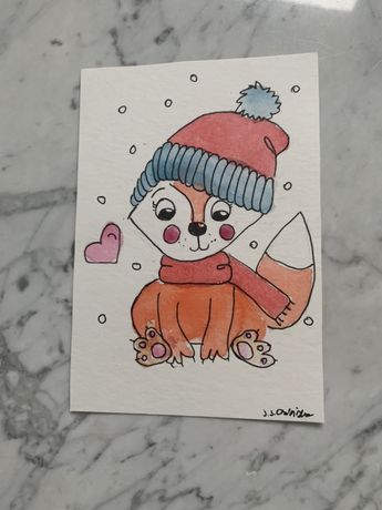 Kartka okolocznościowa świąteczna lisek lis szal czapka handmade