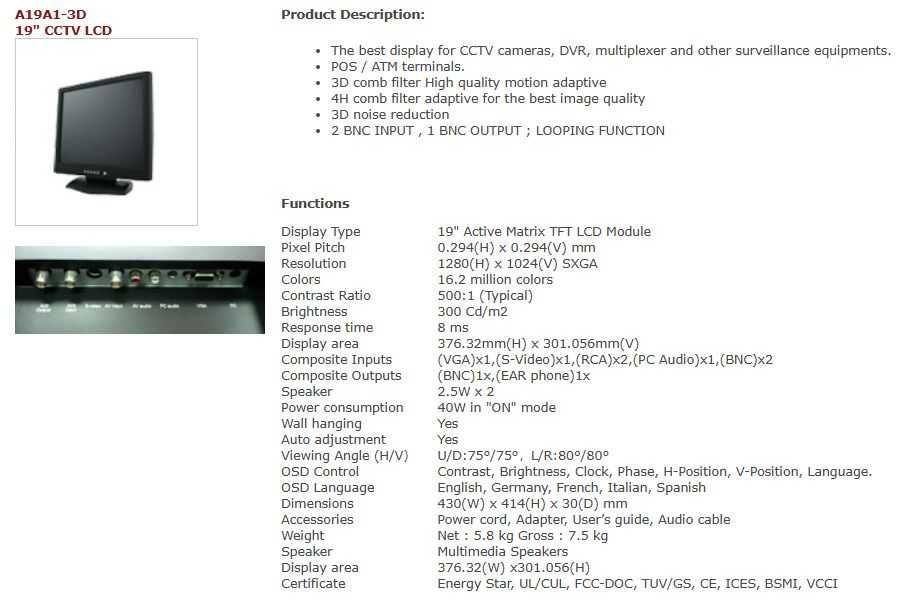 • Monitor Przemysłowy CCTV 19" LCD A19A1