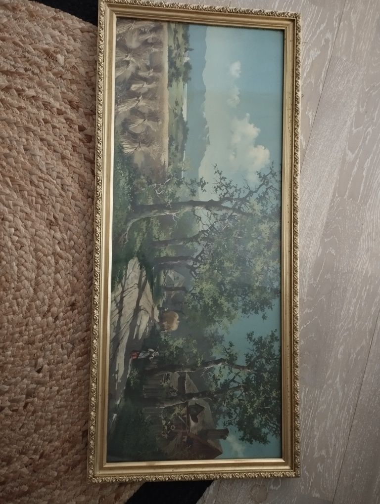 Stary obraz vintage z podpisem, drewniana rama
