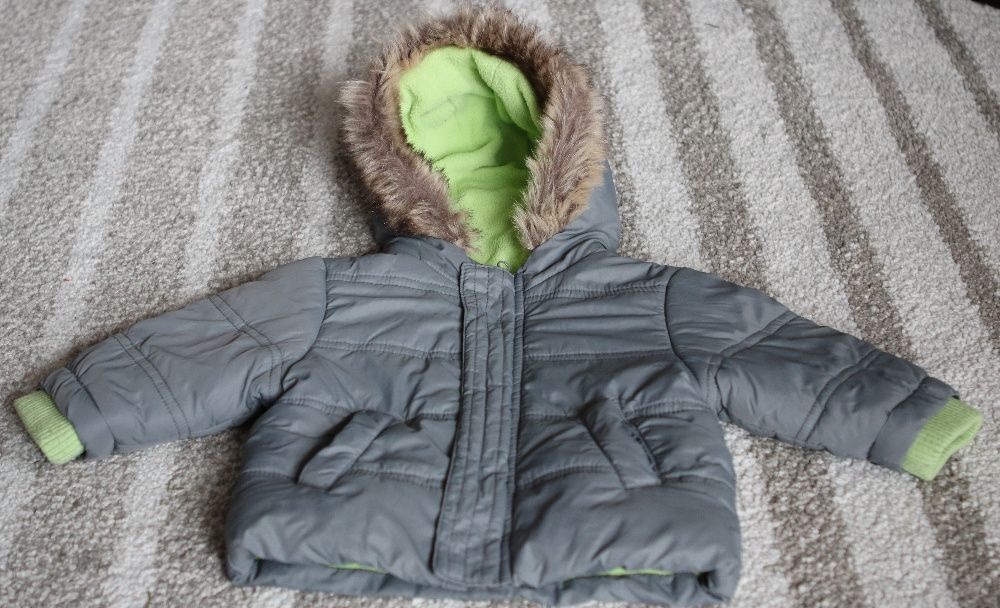Szara Kurtka na polarku 68 zima, kombinezon, futerko (zara,h&m),)