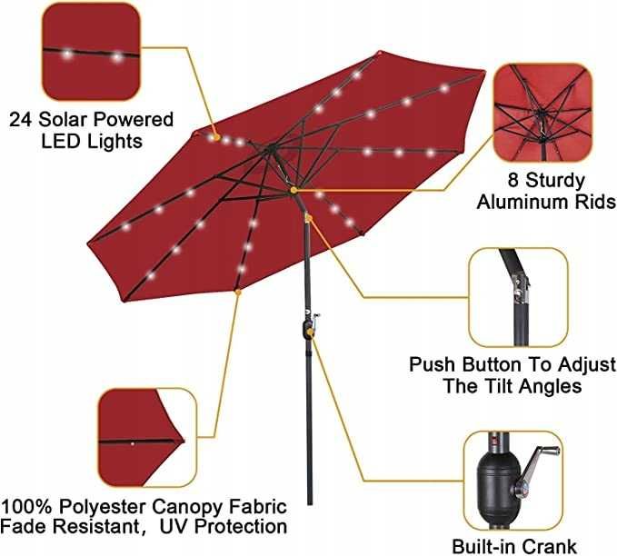 NOWY Solarny PARASOL Ogrodowy Bordowy SKŁADANY 24x LED Ø 3m