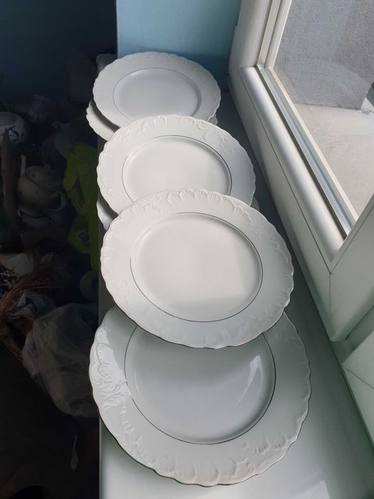 porcelana Ćmielów zestaw 6 talerzy ze srebrnym zdobieniem