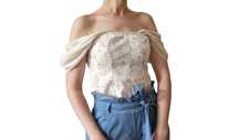Gorsetowy koronkowy krótki crop top ecru bez ramion Cider